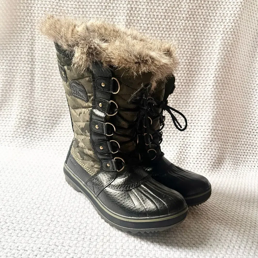 Sorel Women Tofino II Black NL-3071-371 Green Camo Fur Lined Trim Snow Boots 8